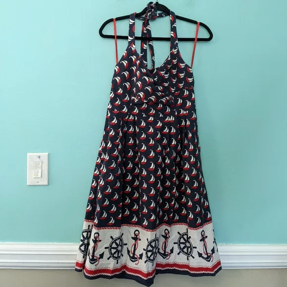 Postage Stamp Anthro Nautical Halter Midi Dress size 6 Blue and Red